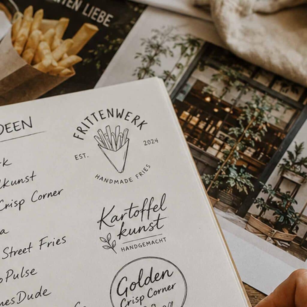 Handgeschriebene Markennamen-Ideen wie Frittenwerk und Kartoffelkunst mit Logo-Skizzen – Markennamen finden Ladengeschäft