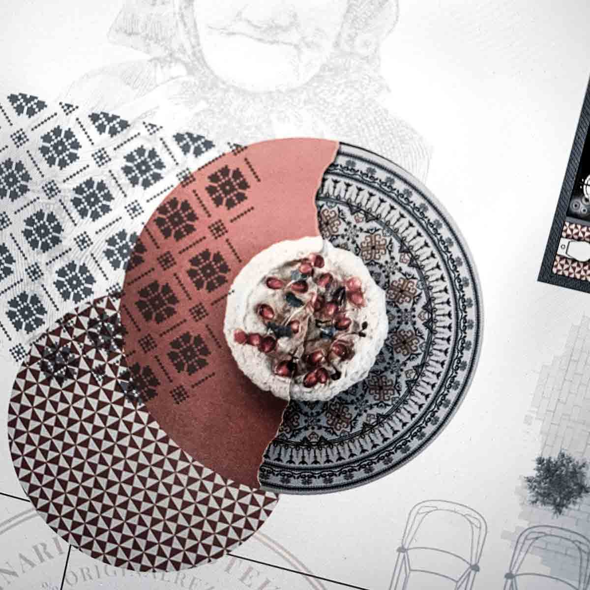 Farb- und Materialkonzept für das Corporate Design des Restaurants OSTBLOCK mit Mustern, Texturen und atmosphärischer Farbwelt.