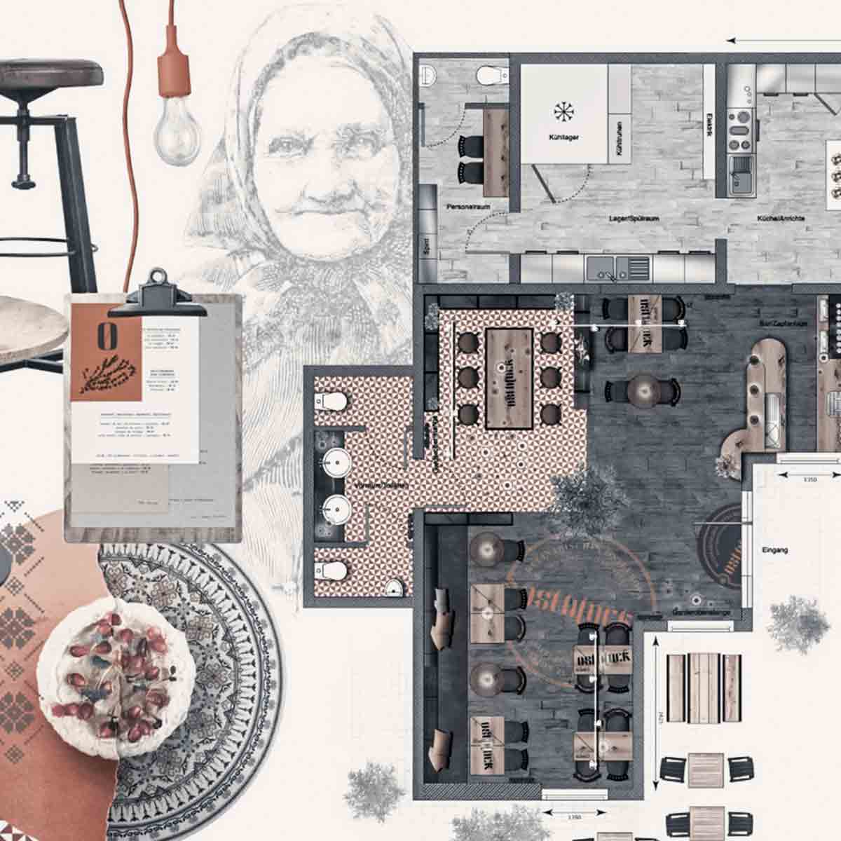 Moodboard mit Farb-, Material- und Grundrisskonzept für die Gestaltung des Markenraums des Restaurants OSTBLOCK.