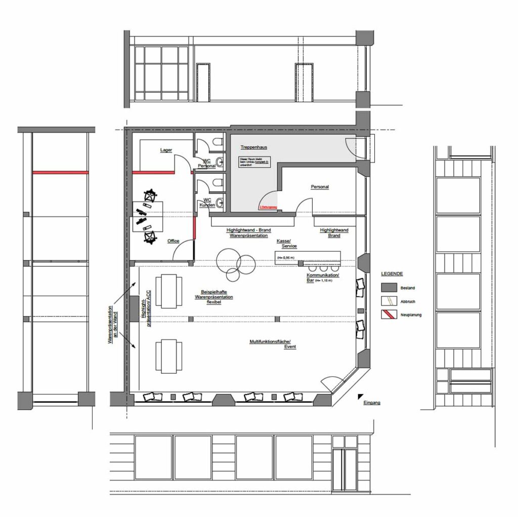 Grundriss eines Concept Stores mit farblich markierter Zonierung: Eingang, Warenpräsentation an der Wand, Highlightwand für die Marke, Kasse, Bar und flexible Multifunktionsfläche für Events.